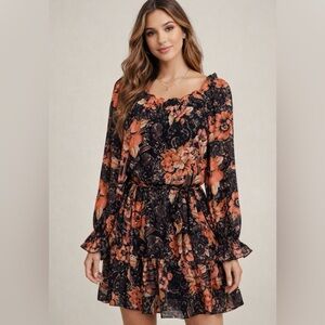 Baltic Born Black Floral Long Sleeve Womans Dress Extra Large Lined Ruffle